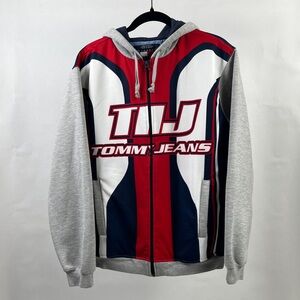 90’s Tommy Jeans Men's Red, White, Blue and Gray Hoodie Sweater